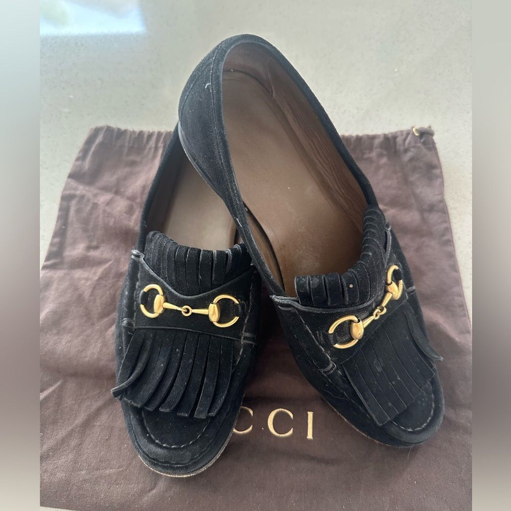 GUCCI Women's Horsebit Fringe Suede Black Loafers EU 37